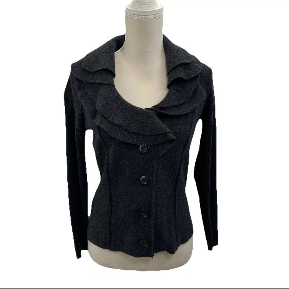 Alfani 100% Wool Black Jacket Triple Layer Collar Button Up Petite Small EUC